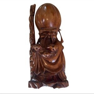 Vintage 12” Shou Lao Shou Xing Chinese God Of Longevity Hand Carved Wood Statue